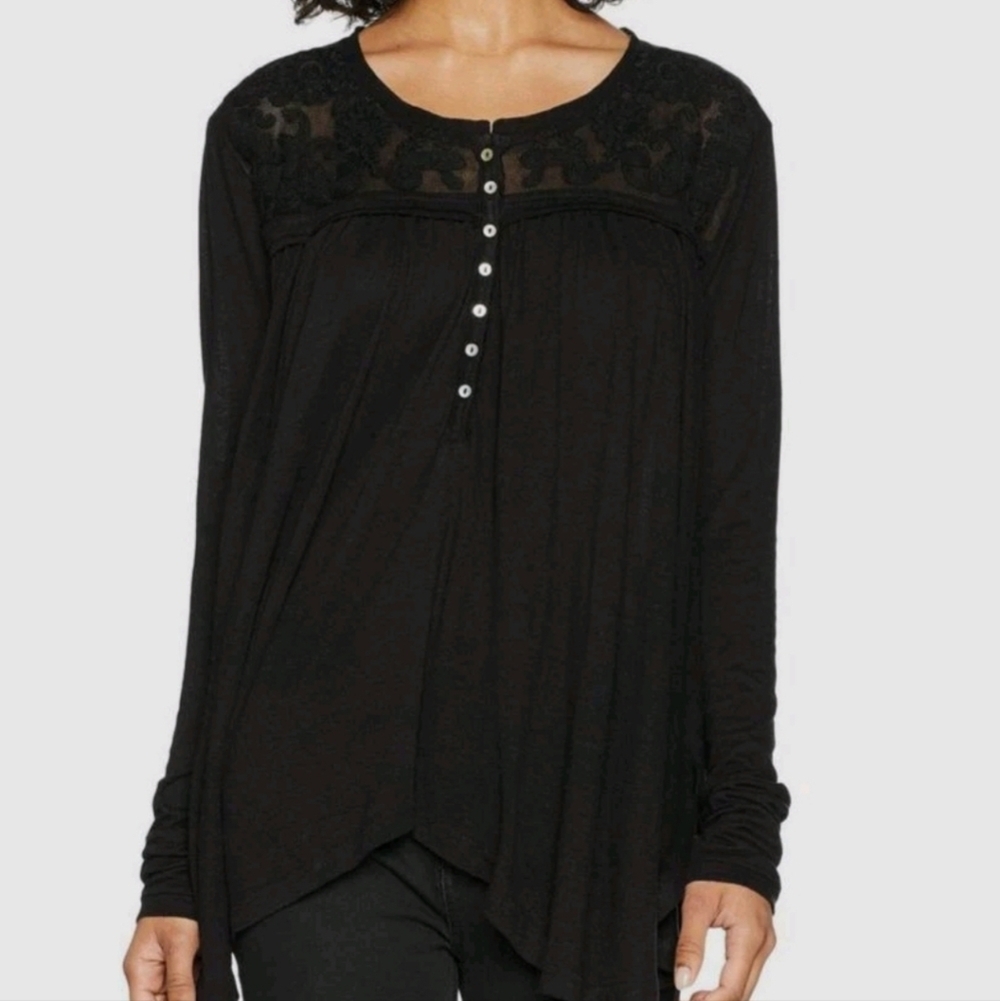 Free People To The Sea Longsleeve Henley Top Black Sheer Mesh Chest BoHo